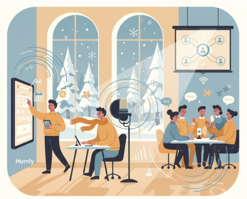 Visar en illustration på ett antal personer som deltar på möte