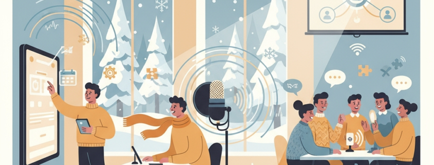 Visar en illustration på ett antal personer som deltar på möte
