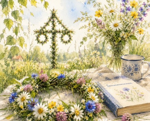 Midsommarstång med blomsterkrans och sommarbukett