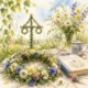Midsommarstång med blomsterkrans och sommarbukett