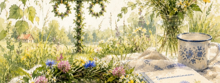 Midsommarstång med blomsterkrans och sommarbukett
