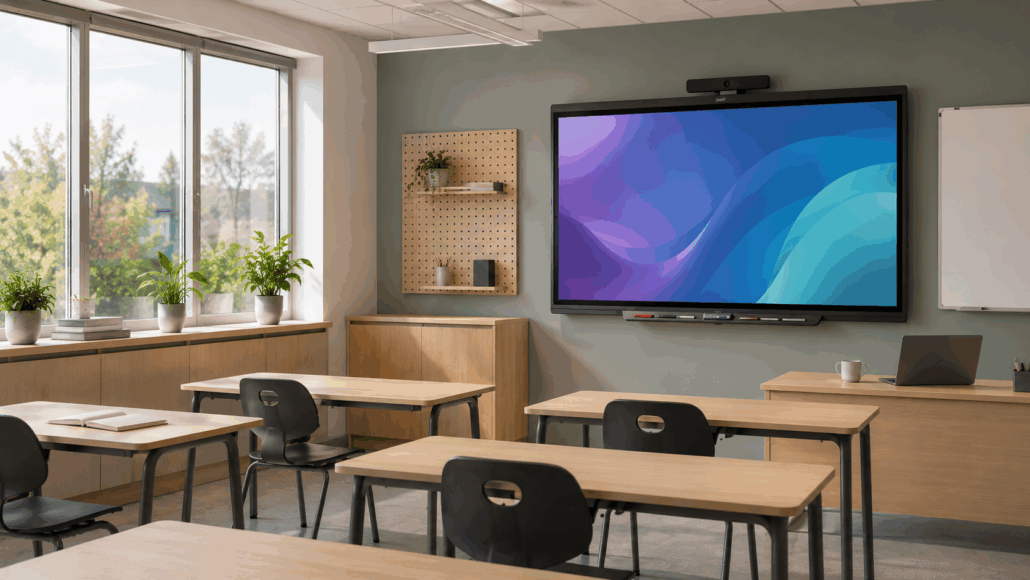 Ljust klassrum med smartboard och videobar på väggen, redo för digital undervisning