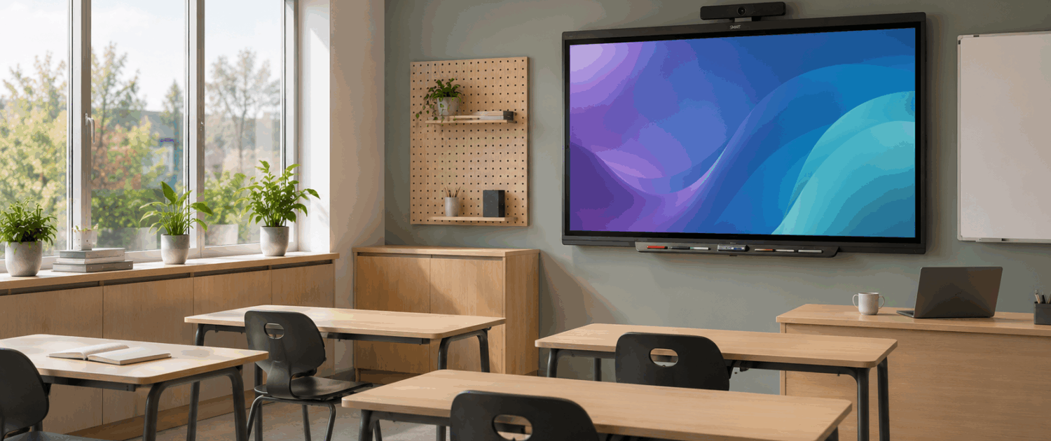 Smartboard i klassrum för digital undervisning Ljust klassrum med smartboard och videobar på väggen, redo för digital undervisning