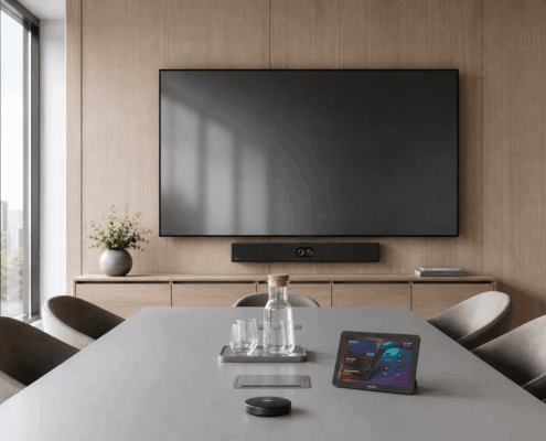 Modernt konferensrum med väggmonterad skärm, videobar och pekpanel för videomöten i ljus nordisk inredning